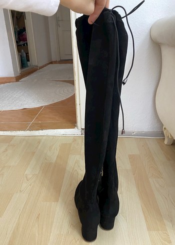 Siyah Süet çorap çizme Dizüstü Topuklu Bot - Görsel 3