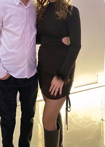 Kahverengi Uzun Kollu Mini Balıkçı Yaka Elbise - Görsel 2