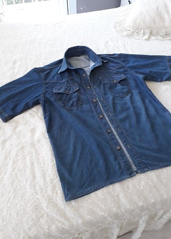Erkek Lacivert Kısa Kollu Denim Gömlek