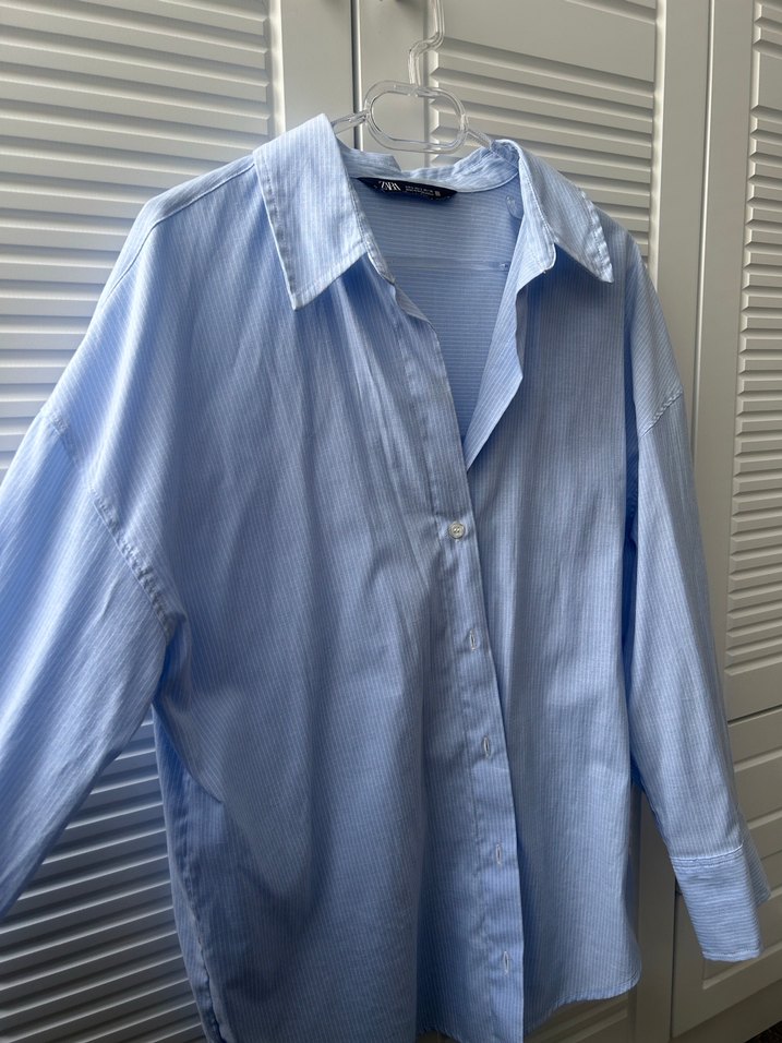 Zara mavi çizgili oversize gömlek - Görsel 2