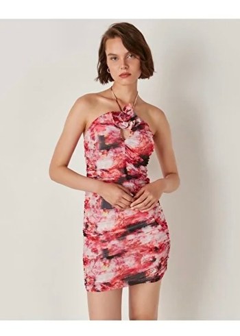 Pembe Drapeli Bağlamalı Elbise - Görsel 4