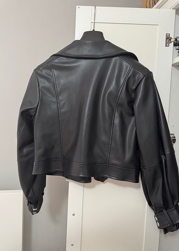 s Beden siyah Renk Kemer Detaylı Siyah Deri Biker Ceket