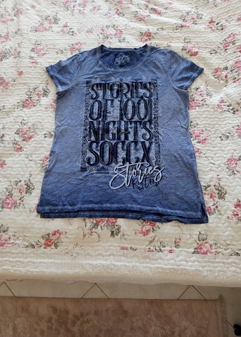 Kadın Kısa Kollu Baskılı Denim Tişört