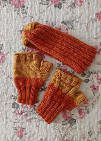 Turuncu Örgü Bohem Kadın Eldiven Bandana Takımı - Görsel 3