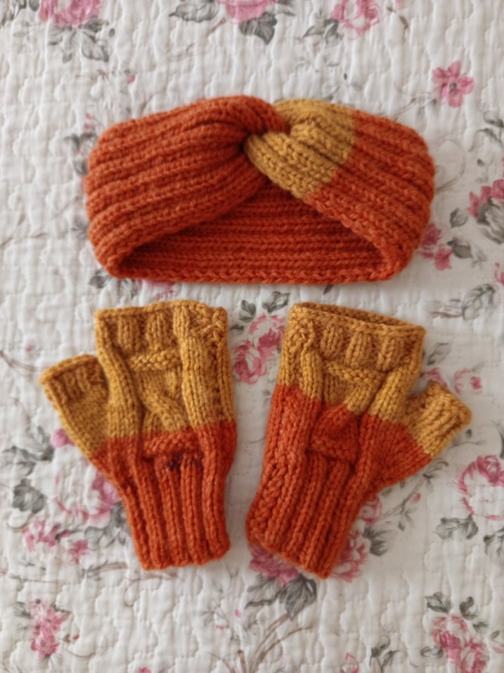 Turuncu Örgü Bohem Kadın Eldiven Bandana Takımı - Görsel 2