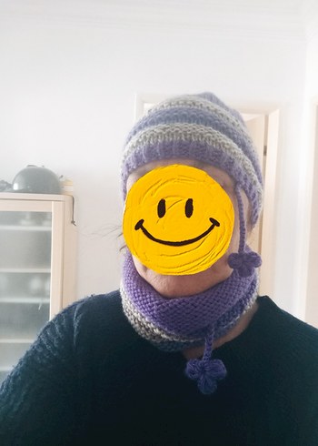 Mor ve Gri Örgü Kadın Bere ve Boyunluk Seti - Görsel 5