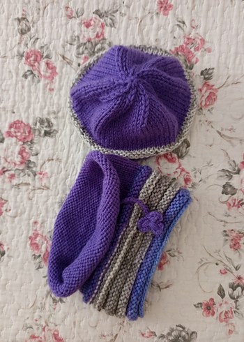 Mor ve Gri Örgü Kadın Bere ve Boyunluk Seti - Görsel 4