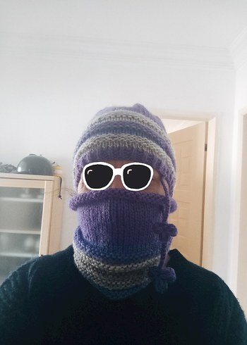 Mor ve Gri Örgü Kadın Bere ve Boyunluk Seti - Görsel 6