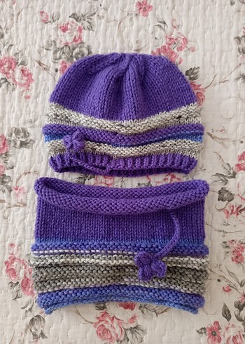 Mor ve Gri Örgü Kadın Bere ve Boyunluk Seti - Görsel 2