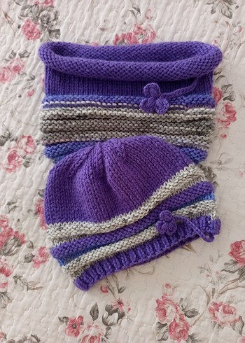 Mor ve Gri Örgü Kadın Bere ve Boyunluk Seti - Görsel 3