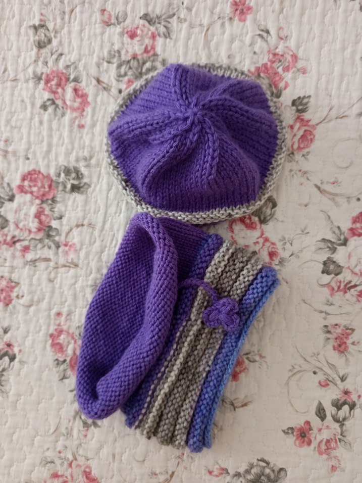 Mor ve Gri Örgü Kadın Bere ve Boyunluk Seti - Görsel 4