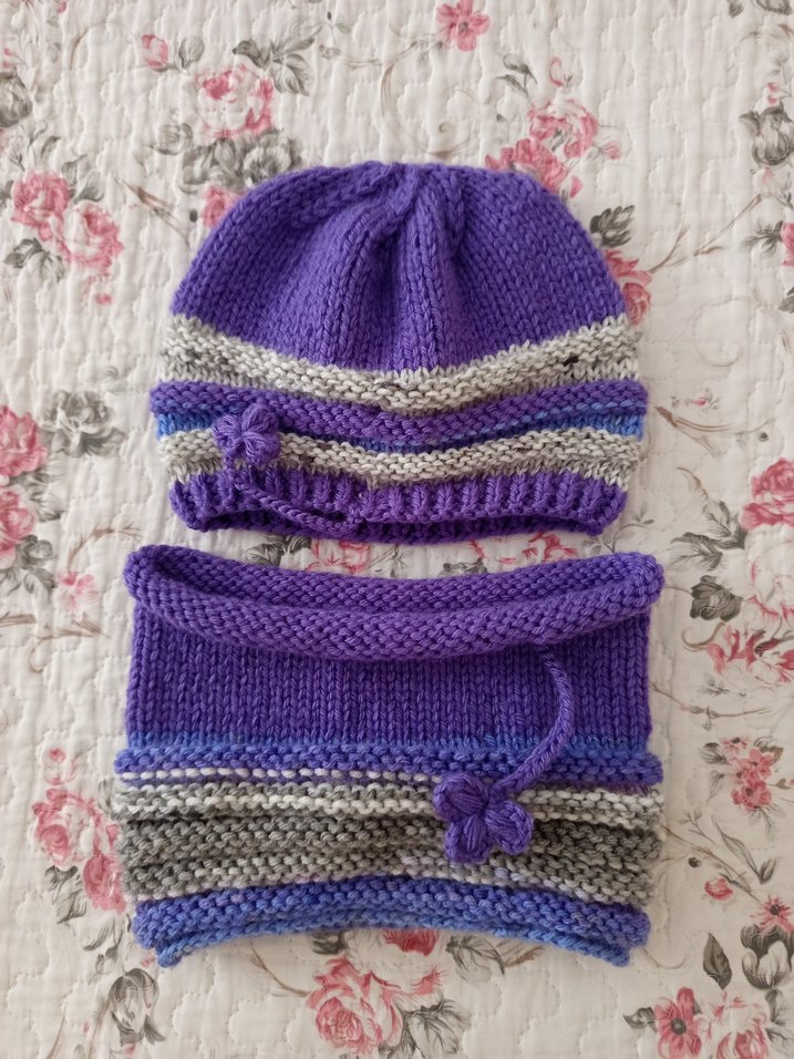 Mor ve Gri Örgü Kadın Bere ve Boyunluk Seti - Görsel 2