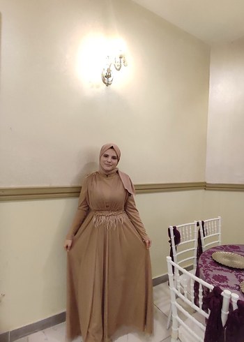 44 Beden camel Renk Bej tesettür tüllü abiye elbise