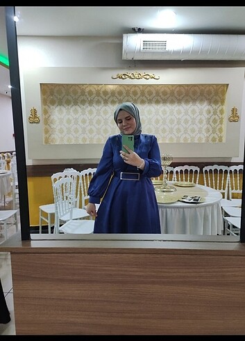 Abiye Saks mavisi saten tesettür uzun elbise