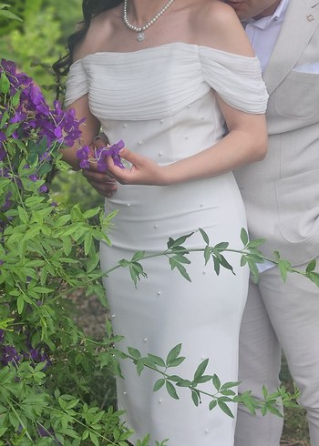 Beyaz Midi Boy İnce Askılı Nikah Elbisesi