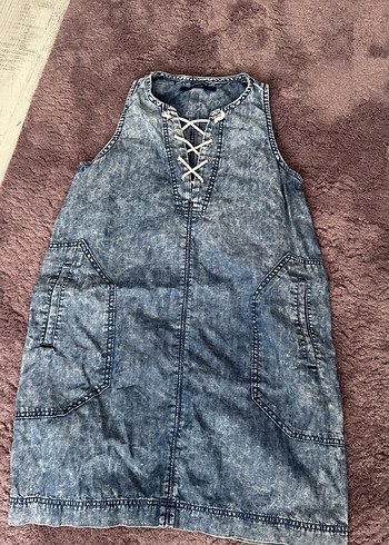 Kadın Gri Batik Desenli Denim Elbise