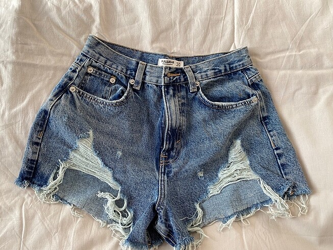 Yüksek bel fitilli denim şort