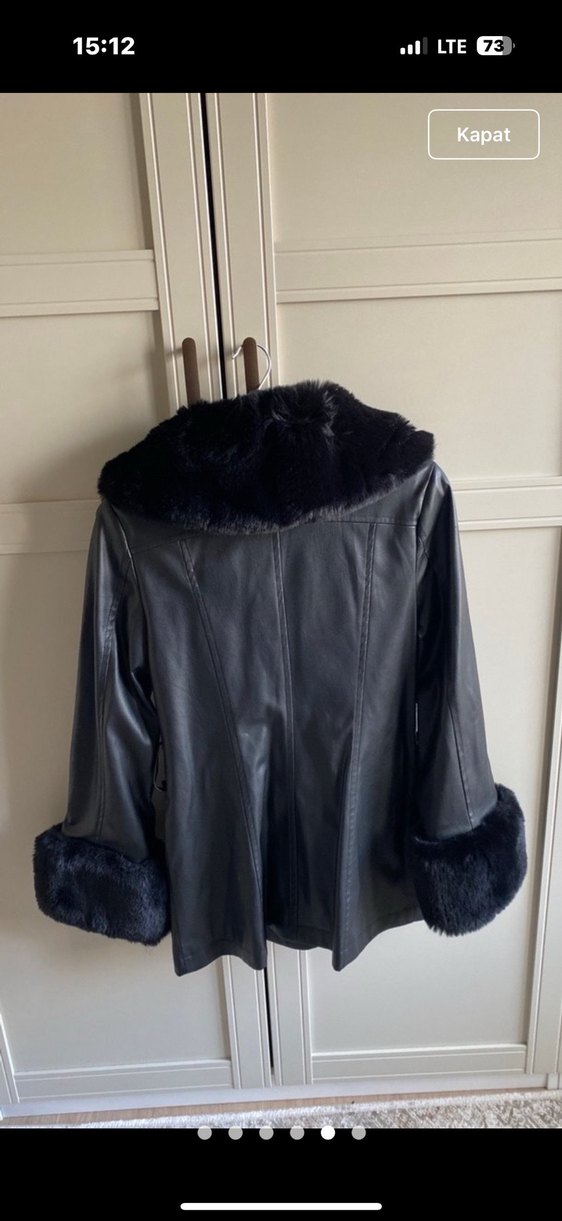 Kürklü Siyah Deri Kadın Ceket - Görsel 2