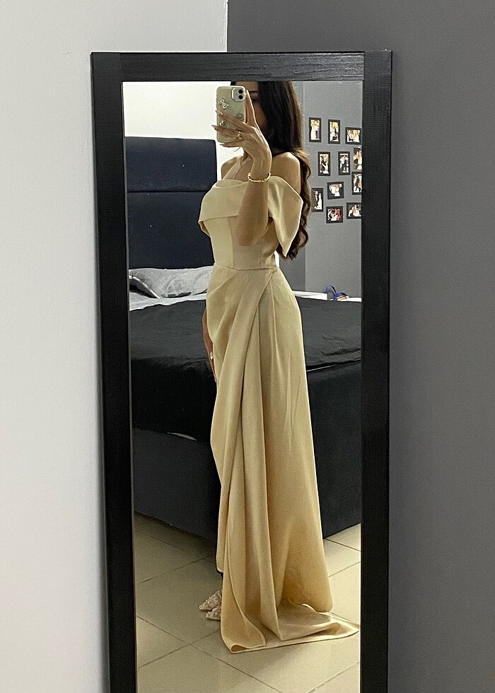 omzu açık şampanya nişan elbisesi - Görsel 2