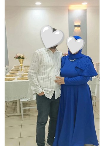 Uzun Kollu Mavi Drapeli Midi Abiye Elbise