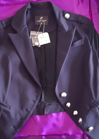 Etiketli Metal Düğmeli Kolları Tül Lacivert Kısa Ceket - Görsel 5