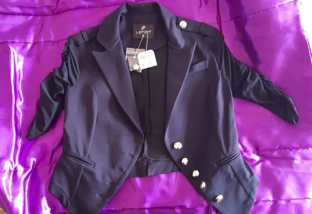 Etiketli Metal Düğmeli Kolları Tül Lacivert Kısa Ceket - Görsel 5