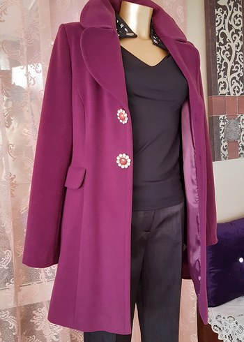 Etiketli şık düğmeli mürdüm kaban-manto - Görsel 4