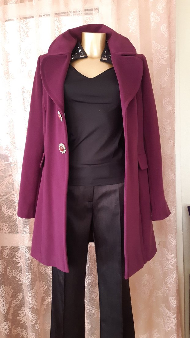 Etiketli şık düğmeli mürdüm kaban-manto - Görsel 3