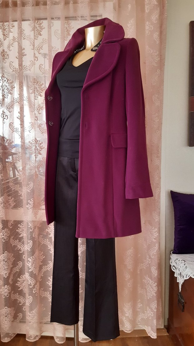 Etiketli şık düğmeli mürdüm kaban-manto - Görsel 5