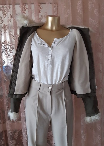 Haki Kapüşonlu Kürklü Mont - Görsel 8