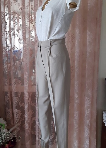 Bej Ayak altından geçmeli Kumaş Pantolon - Görsel 2