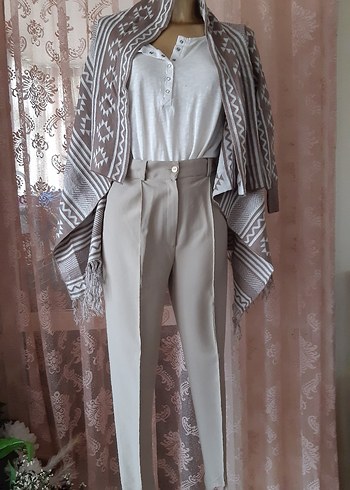 Bej Ayak altından geçmeli Kumaş Pantolon - Görsel 4