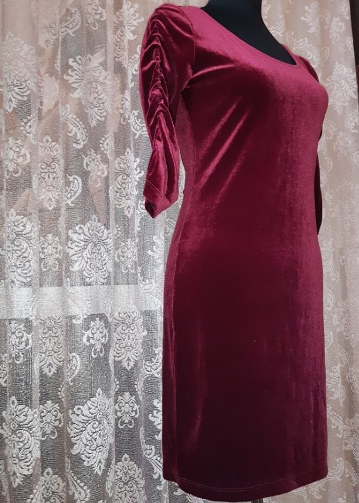 Giyilmemiş bordo likralı kadife elbise - Görsel 2