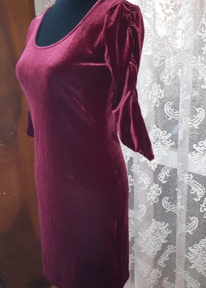 Giyilmemiş bordo likralı kadife elbise - Görsel 5