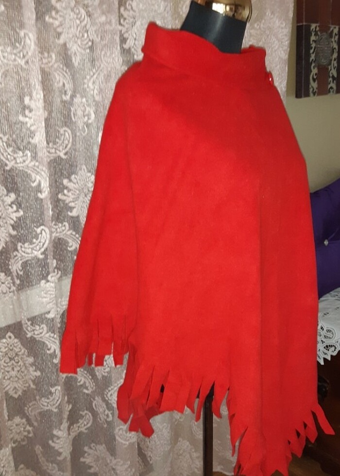 Kıpkırmızı Polar Panço - Görsel 3