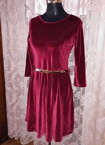 Etiketli vişne rengi kadife elbise - Görsel 3