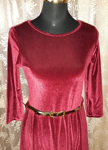 Etiketli vişne rengi kadife elbise - Görsel 4