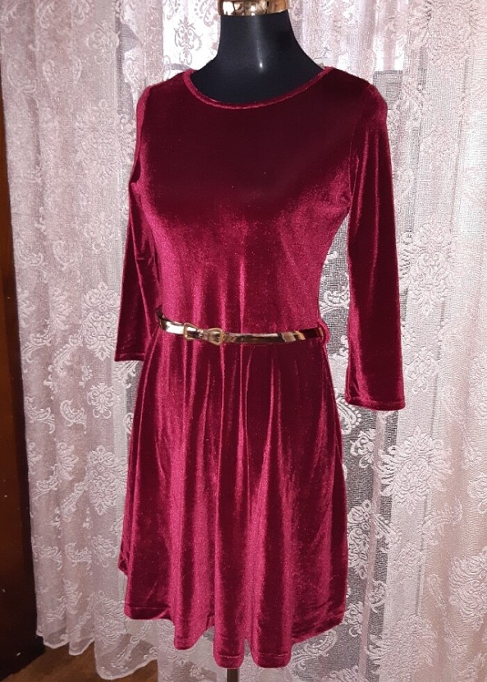 Etiketli vişne rengi kadife elbise - Görsel 3