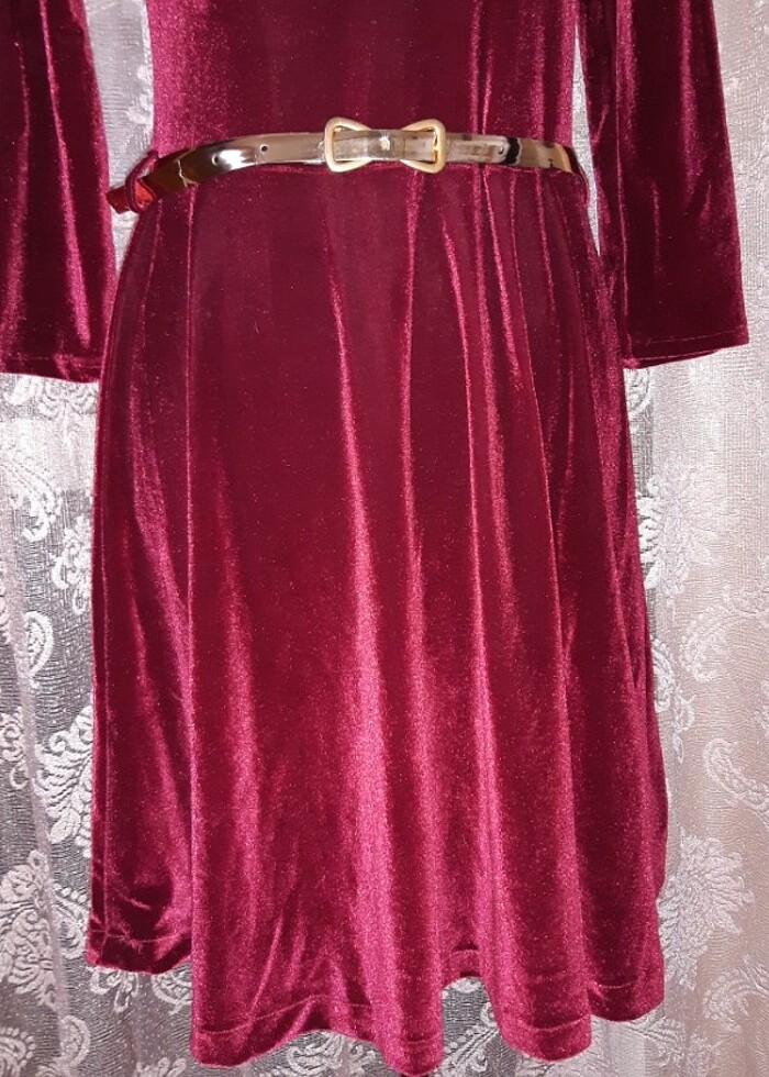 Etiketli vişne rengi kadife elbise - Görsel 5