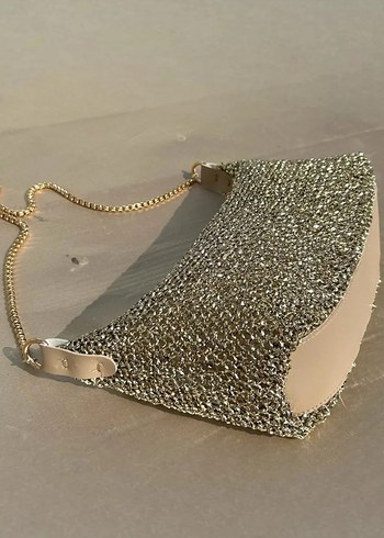 Zincir Detaylı Altın Rengi Örgü Kadın Çanta - Görsel 2