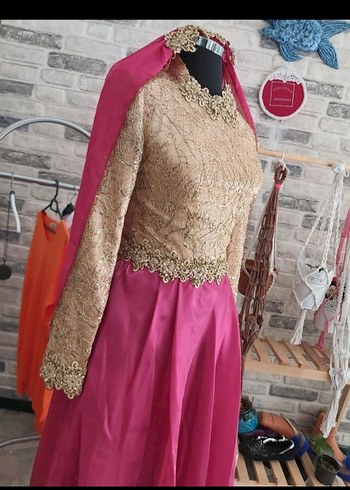 fuşya Gold abiye organze ve Gold payetli ayakkabı çanta takım - Görsel 2