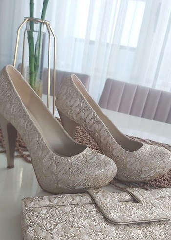 fuşya Gold abiye organze ve Gold payetli ayakkabı çanta takım - Görsel 4