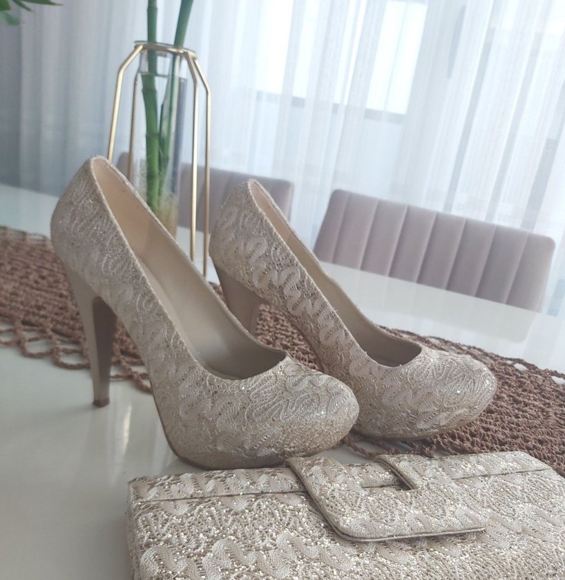 fuşya Gold abiye organze ve Gold payetli ayakkabı çanta takım - Görsel 4