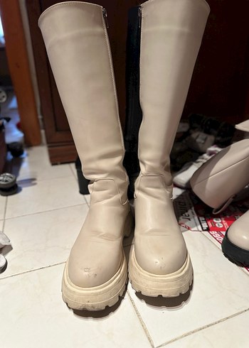 Bej Kadın Platform Topuklu Dizaltı Yağmur Çizmesi - Görsel 3