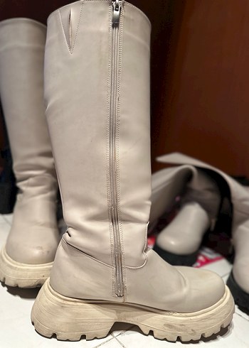 Bej Kadın Platform Topuklu Dizaltı Yağmur Çizmesi - Görsel 6