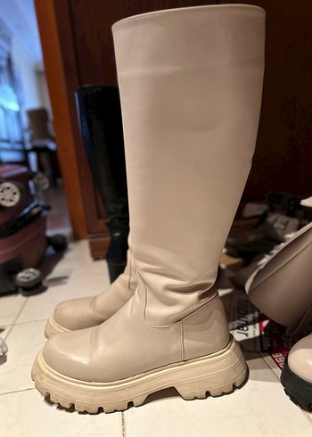 Bej Kadın Platform Topuklu Dizaltı Yağmur Çizmesi - Görsel 2