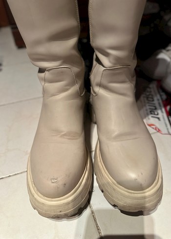 Bej Kadın Platform Topuklu Dizaltı Yağmur Çizmesi - Görsel 4