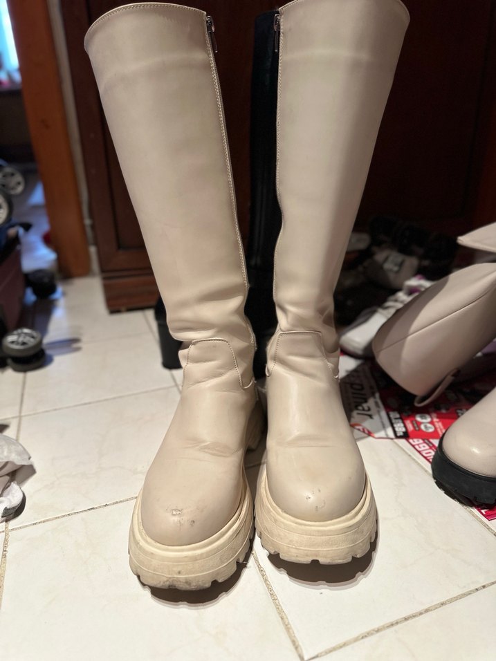 Bej Kadın Platform Topuklu Dizaltı Yağmur Çizmesi - Görsel 3