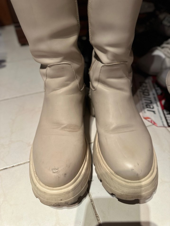 Bej Kadın Platform Topuklu Dizaltı Yağmur Çizmesi - Görsel 4