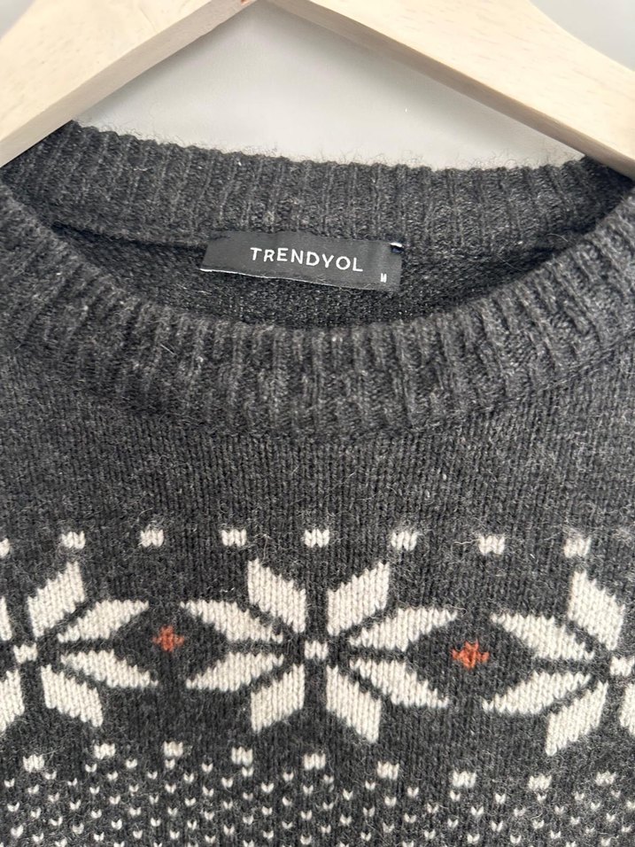 Gri Desenli Erkek Örgü Yün Kazak - Görsel 2